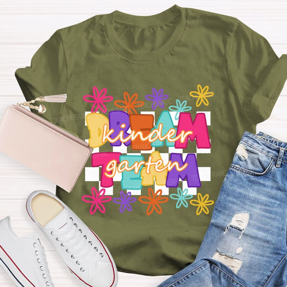 Personalized Grade Dream Team Colorful Flowers Letters Checkerboard Teacher T-shirt