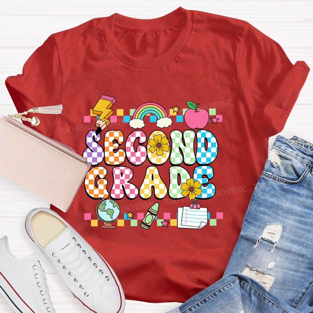 Personalized Grade Colorful Plaid And Letter Print Back To School Teacher T-Shirt
