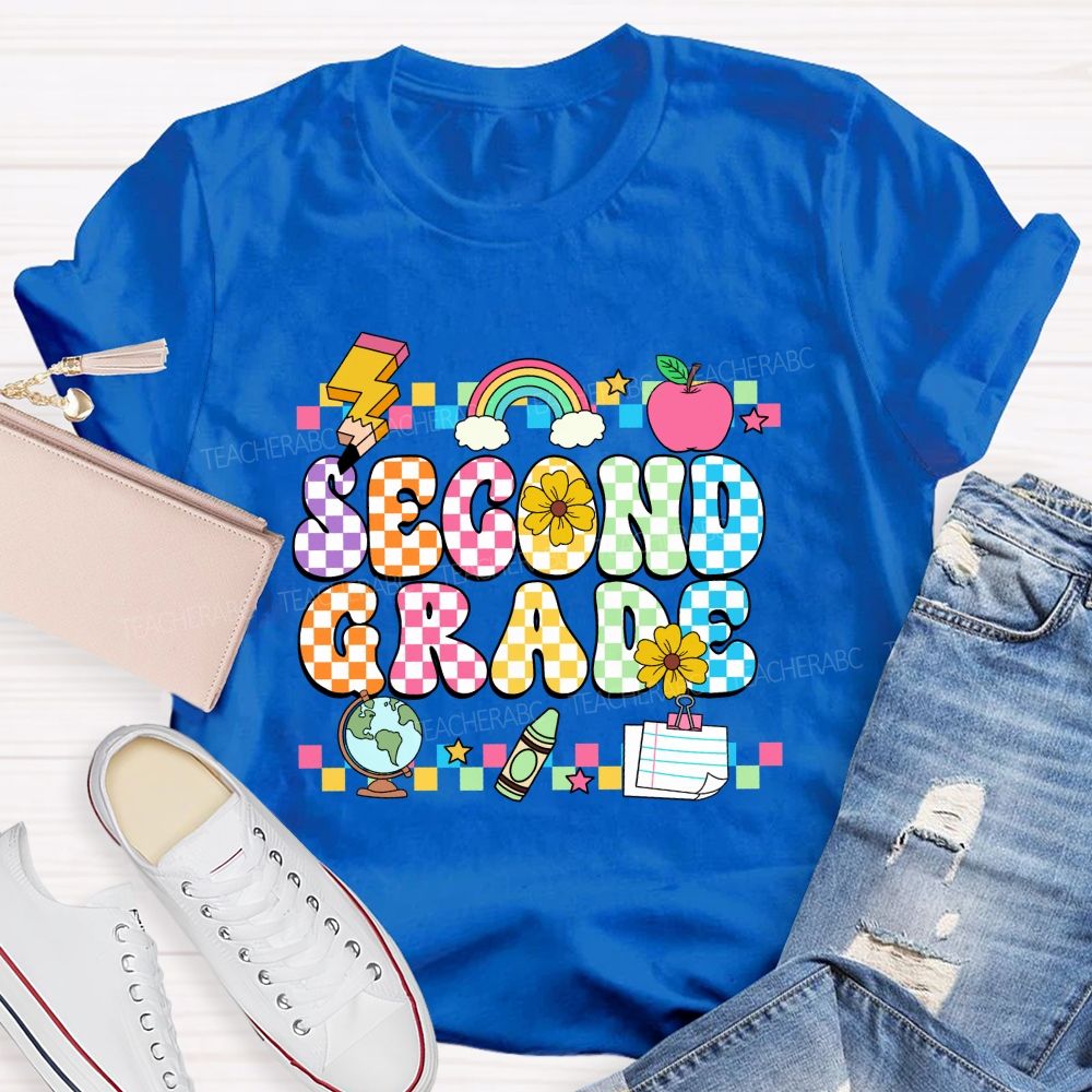 Personalized Grade Colorful Plaid And Letter Print Back To School Teacher T-Shirt
