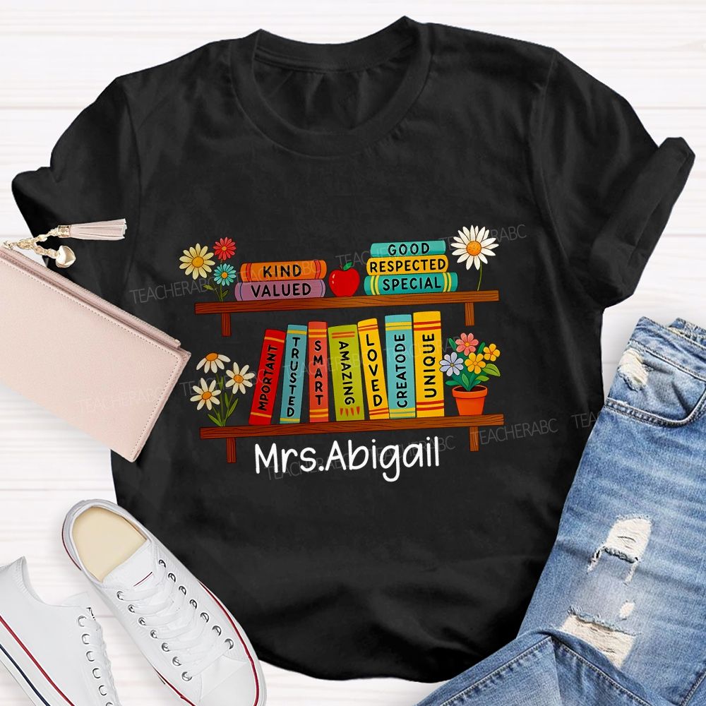 Personalized Name Floral Book Shelf Teacher T-Shirt