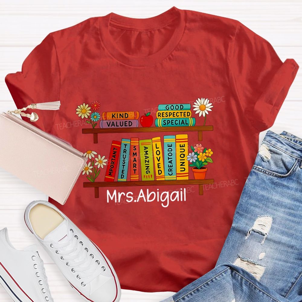 Personalized Name Floral Book Shelf Teacher T-Shirt