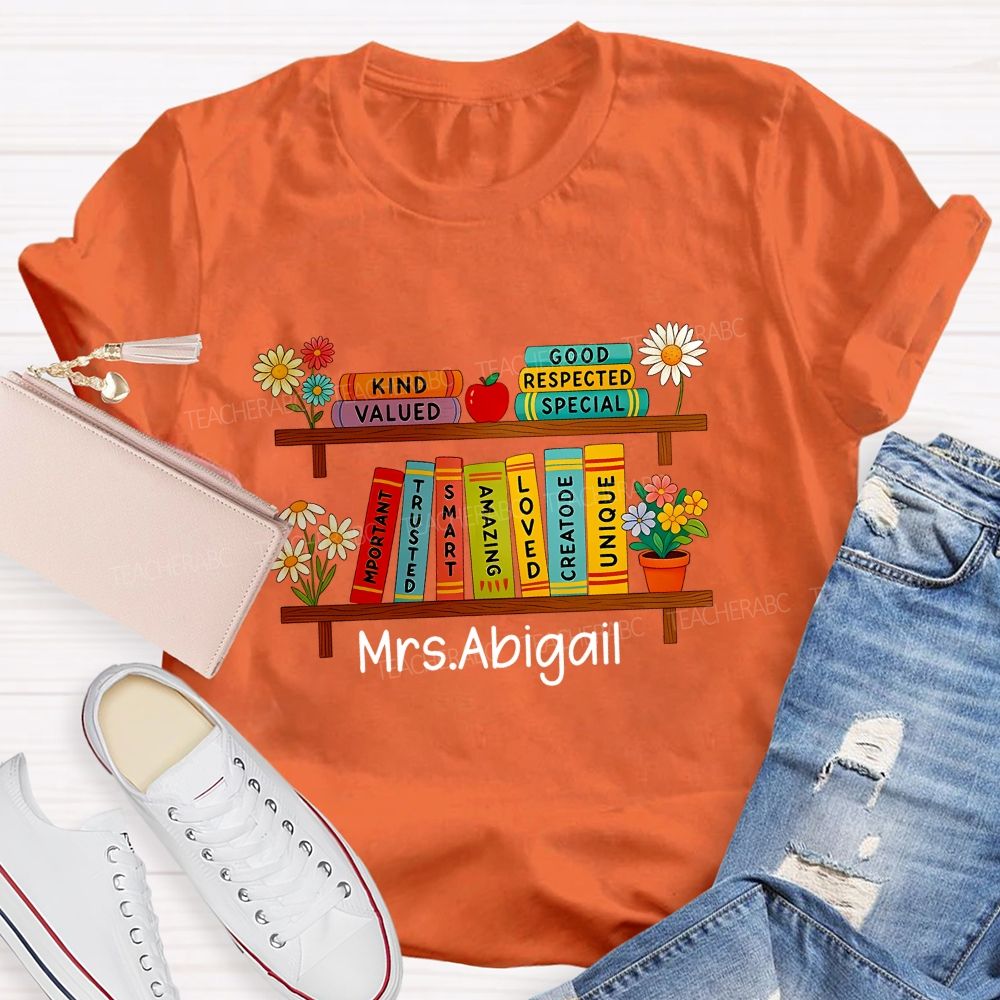 Personalized Name Floral Book Shelf Teacher T-Shirt