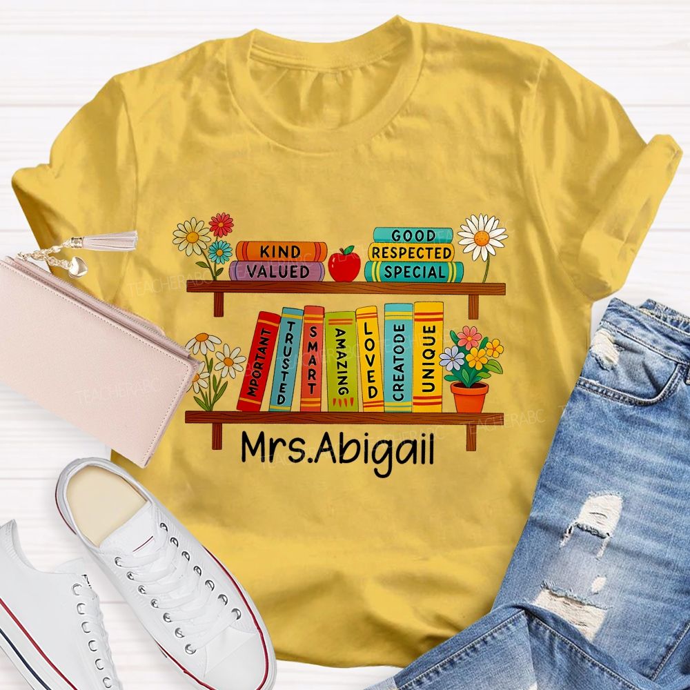 Personalized Name Floral Book Shelf Teacher T-Shirt