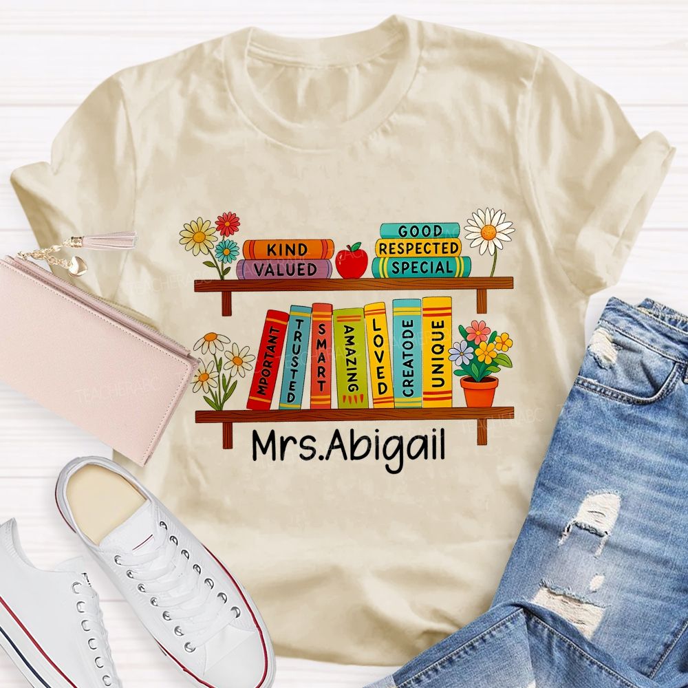 Personalized Name Floral Book Shelf Teacher T-Shirt
