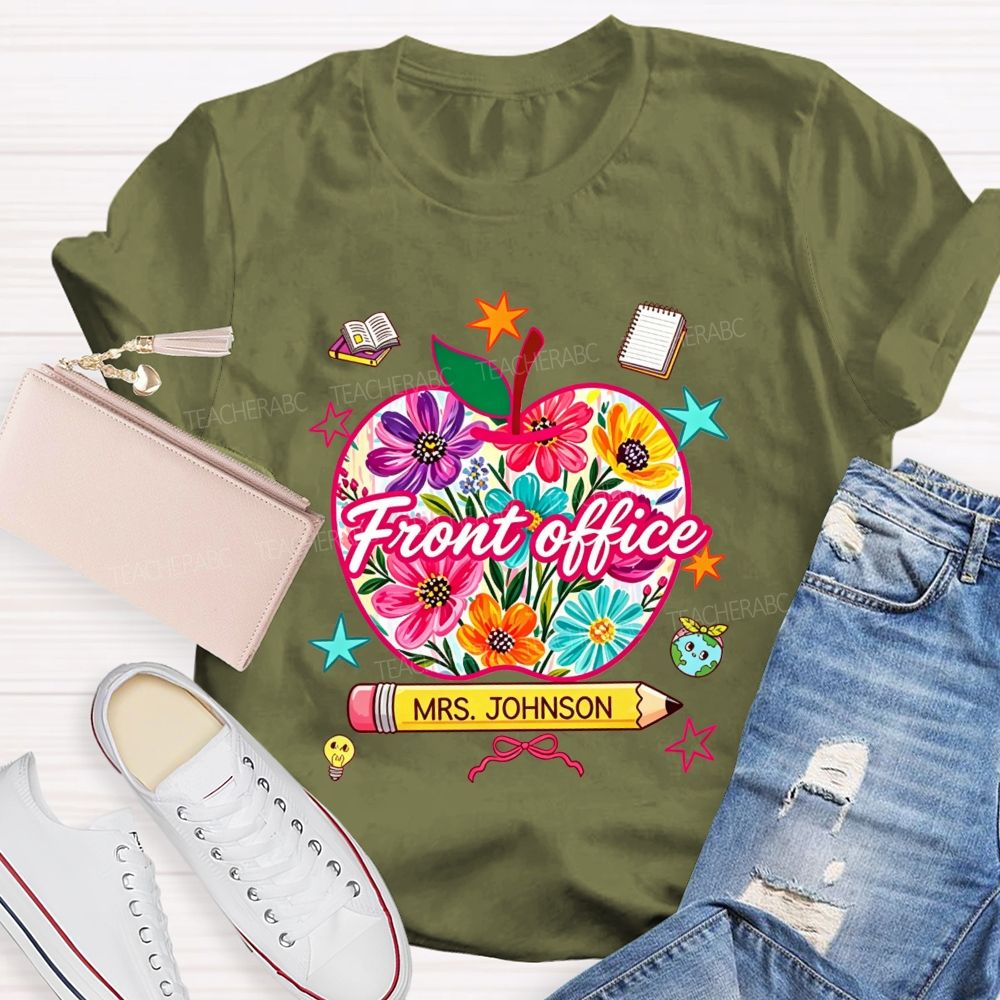 Personalized Name Front Office Floral Apple Design Teacher T-shirt