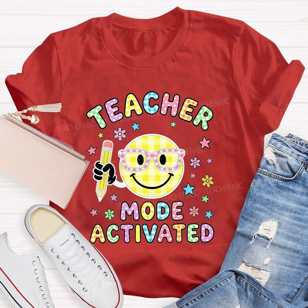 Teacher Mode Activated Checkered Smiley Face Teacher T-shirt
