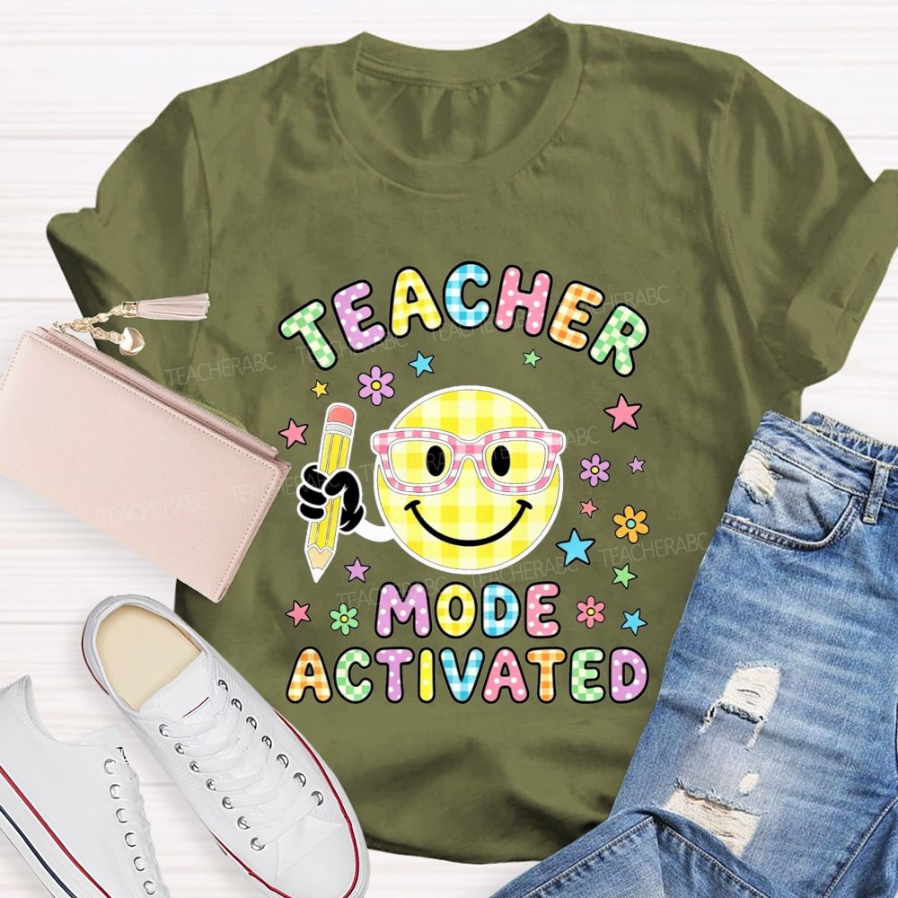 Teacher Mode Activated Checkered Smiley Face Teacher T-shirt