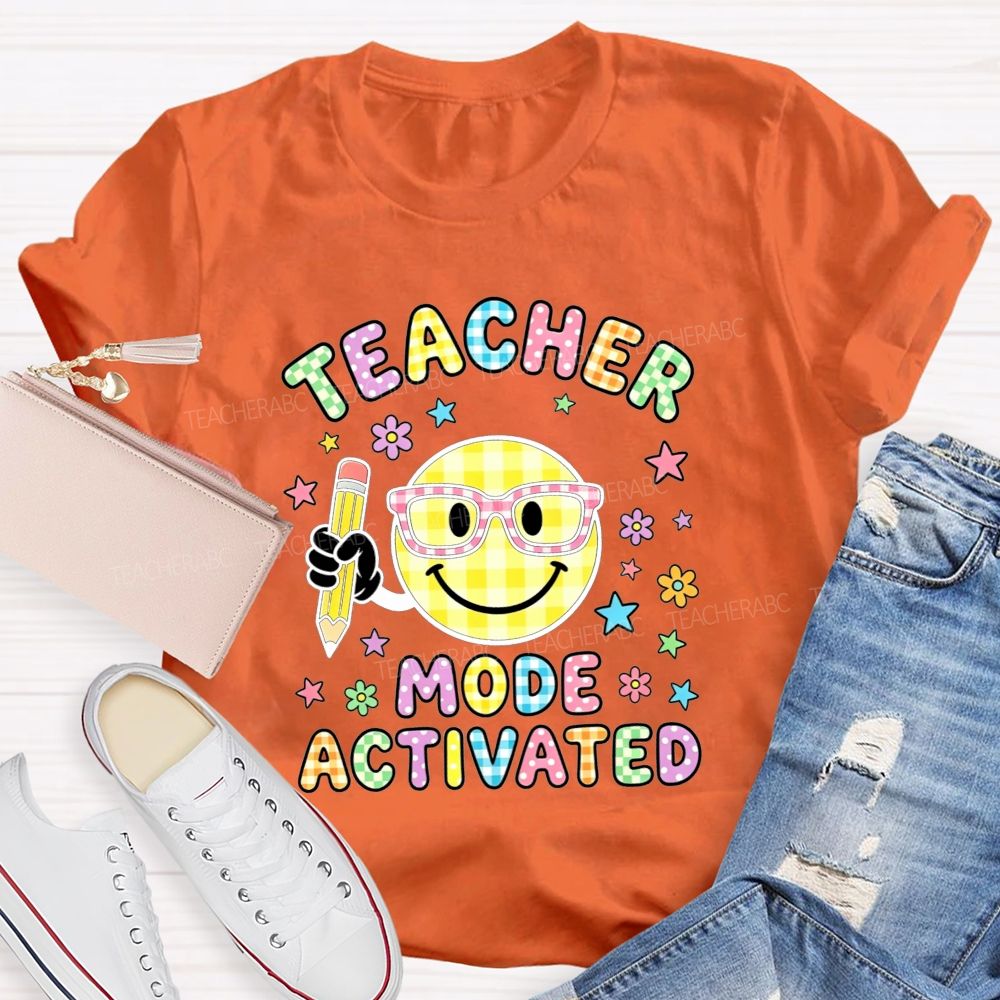 Teacher Mode Activated Checkered Smiley Face Teacher T-shirt