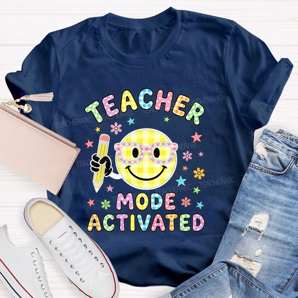 Teacher Mode Activated Checkered Smiley Face Teacher T-shirt
