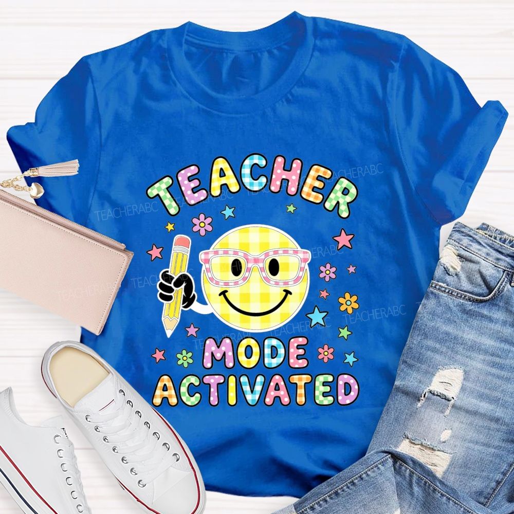 Teacher Mode Activated Checkered Smiley Face Teacher T-shirt