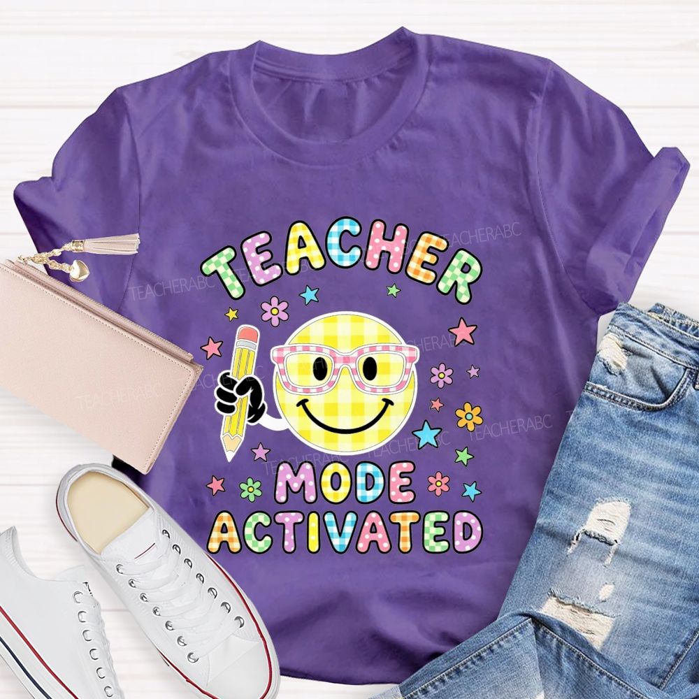 Teacher Mode Activated Checkered Smiley Face Teacher T-shirt