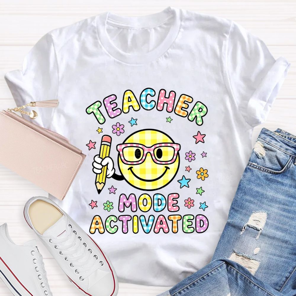 Teacher Mode Activated Checkered Smiley Face Teacher T-shirt