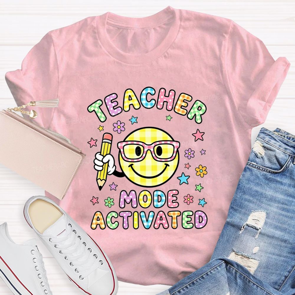 Teacher Mode Activated Checkered Smiley Face Teacher T-shirt