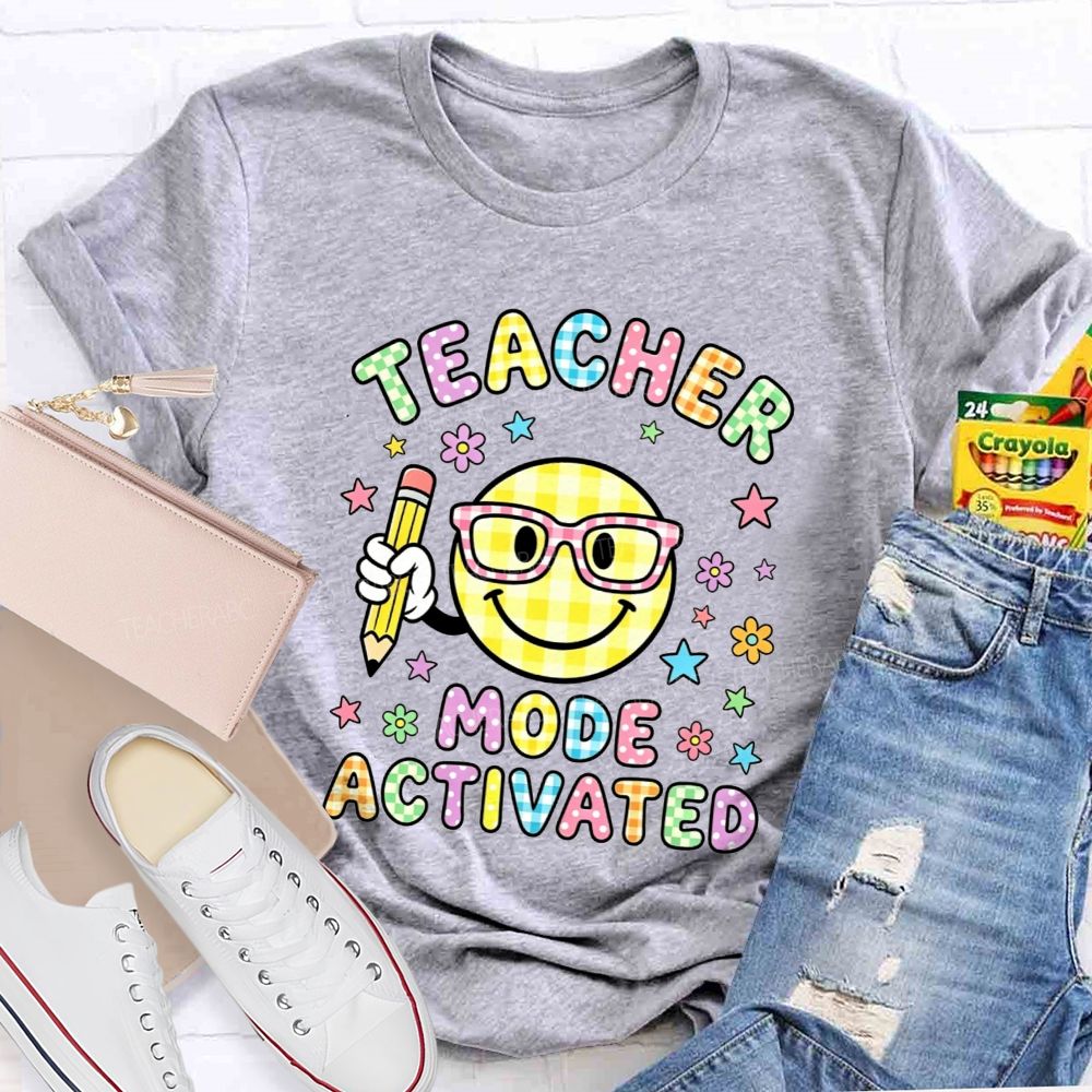 Teacher Mode Activated Checkered Smiley Face Teacher T-shirt