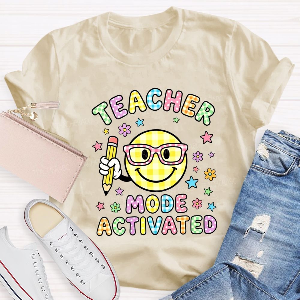 Teacher Mode Activated Checkered Smiley Face Teacher T-shirt