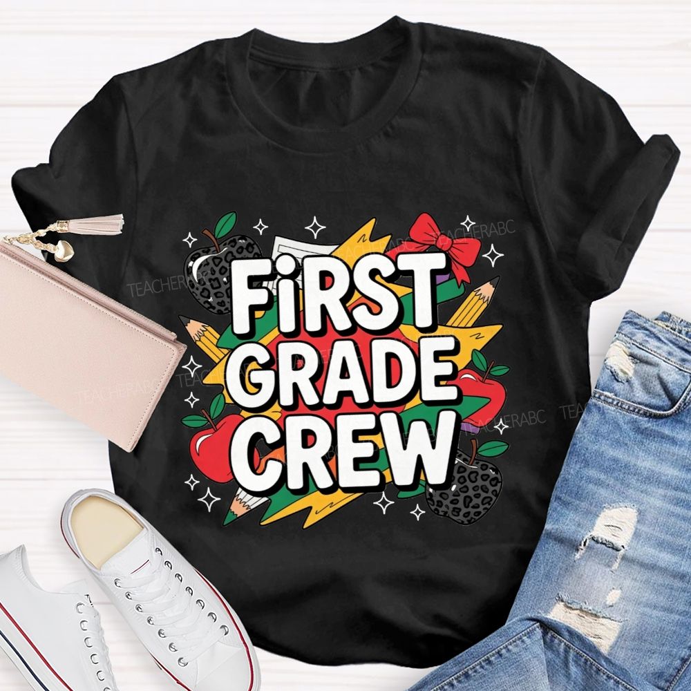 Personalized Grade First Grade Crew Leopard Apple Lightning Bolt Teacher T-shirt