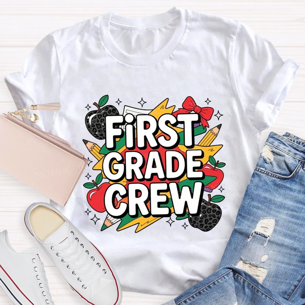 Personalized Grade First Grade Crew Leopard Apple Lightning Bolt Teacher T-shirt