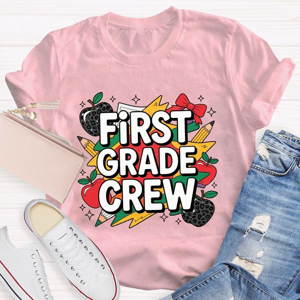 Personalized Grade First Grade Crew Leopard Apple Lightning Bolt Teacher T-shirt