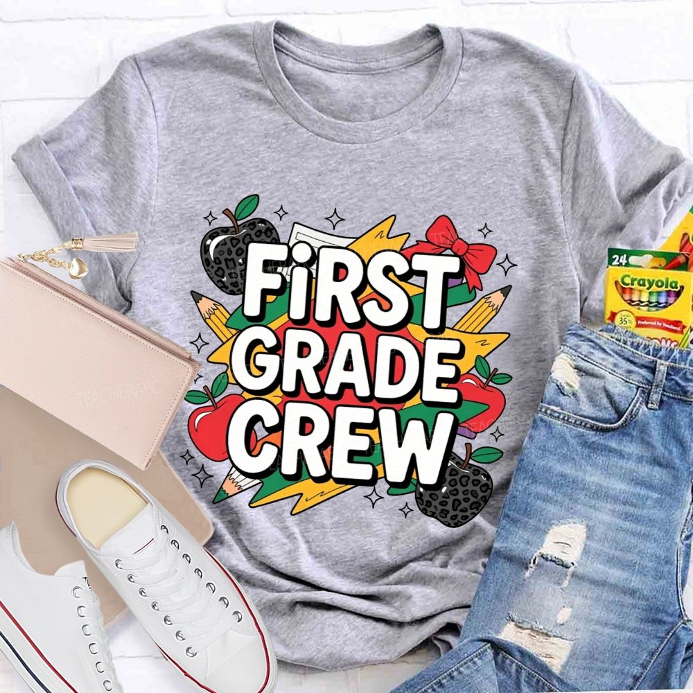 Personalized Grade First Grade Crew Leopard Apple Lightning Bolt Teacher T-shirt