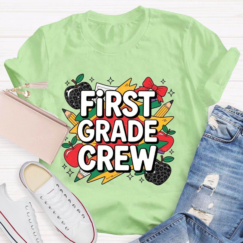Personalized Grade First Grade Crew Leopard Apple Lightning Bolt Teacher T-shirt