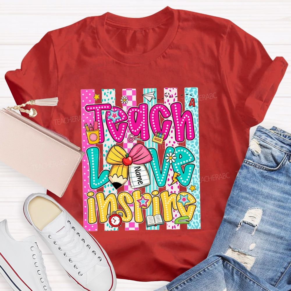 Personalized Name Teach Love Inspire Leopard Striped Teacher T-shirt