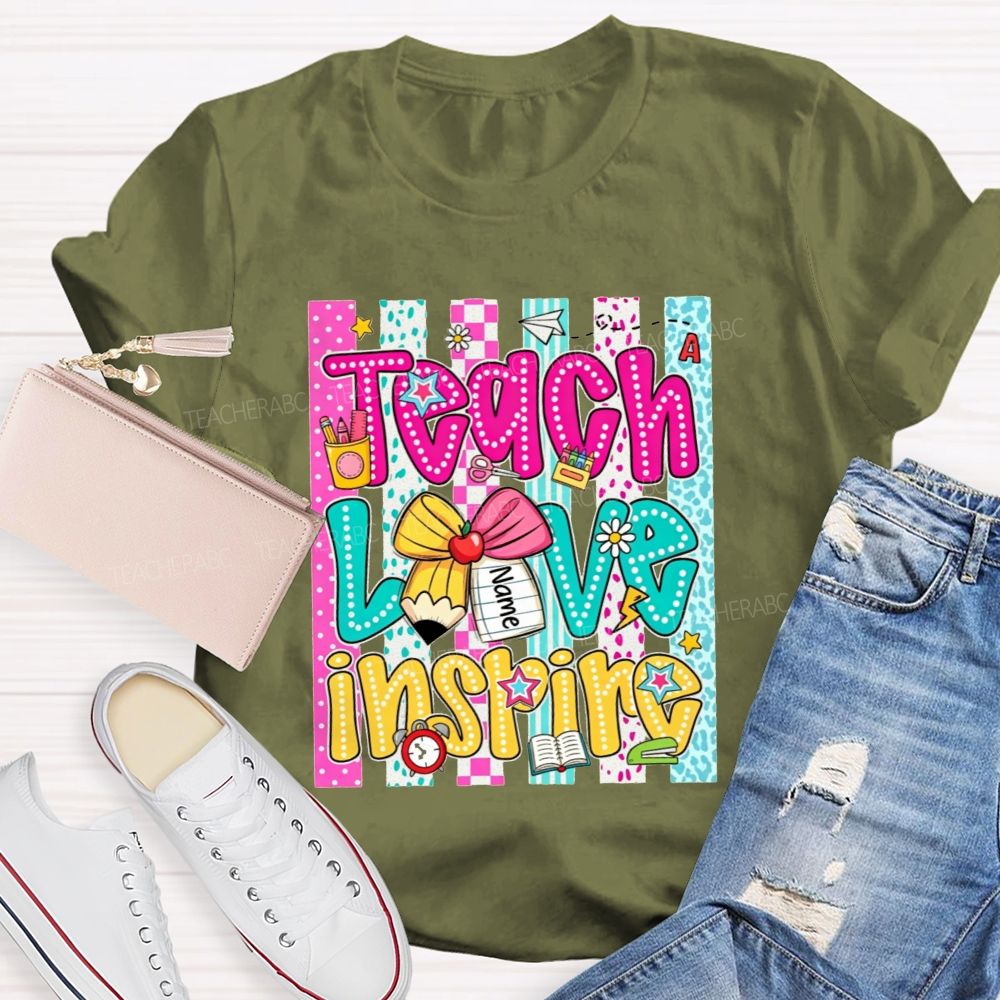 Personalized Name Teach Love Inspire Leopard Striped Teacher T-shirt
