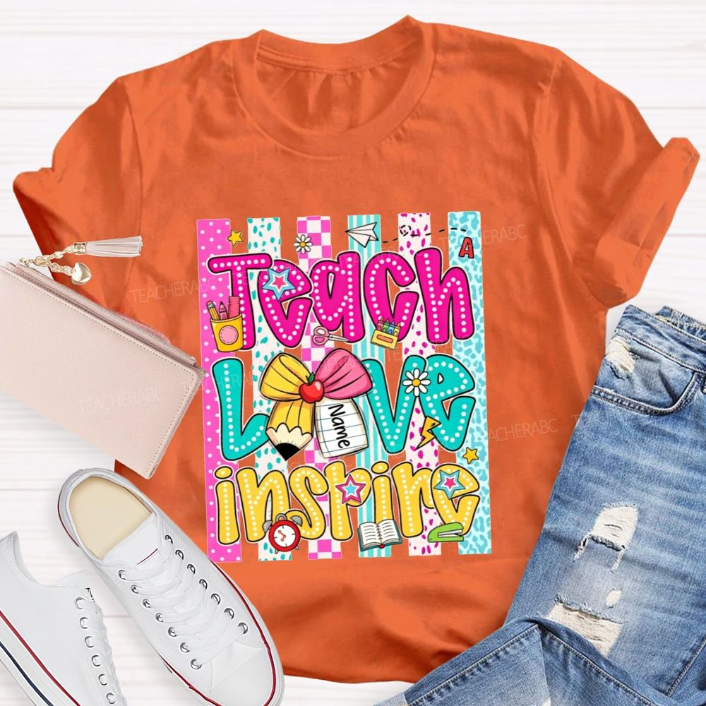 Personalized Name Teach Love Inspire Leopard Striped Teacher T-shirt