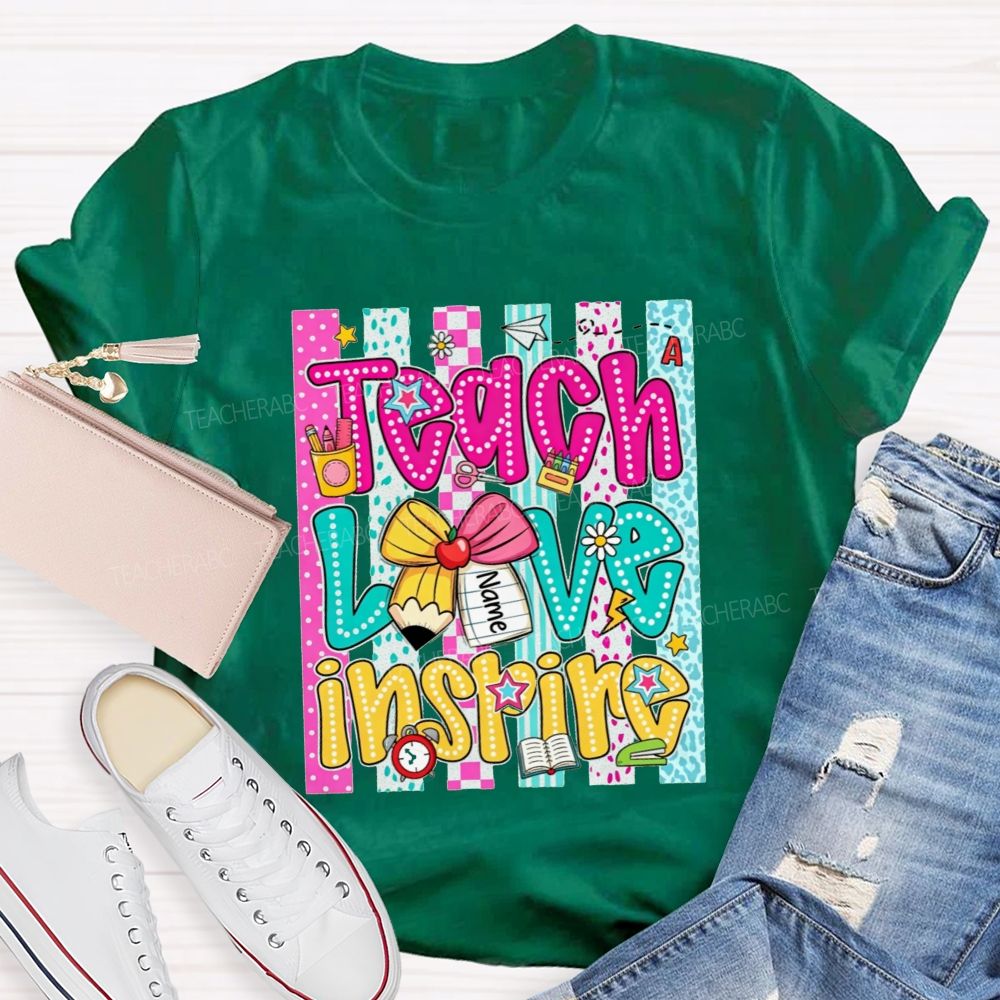 Personalized Name Teach Love Inspire Leopard Striped Teacher T-shirt