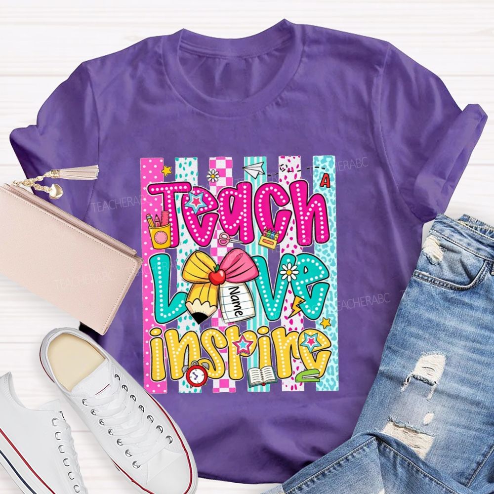 Personalized Name Teach Love Inspire Leopard Striped Teacher T-shirt