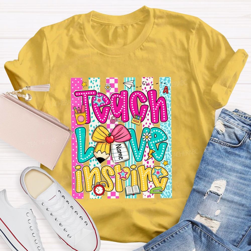 Personalized Name Teach Love Inspire Leopard Striped Teacher T-shirt