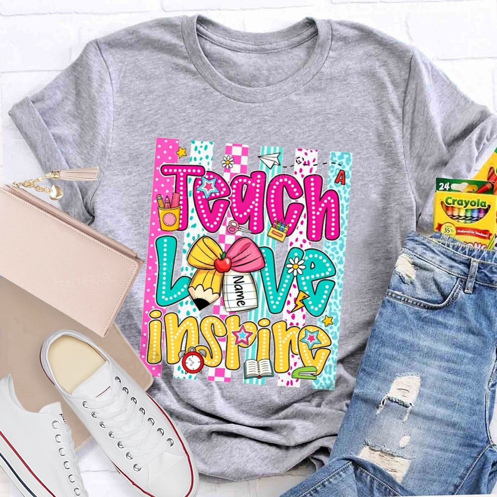 Personalized Name Teach Love Inspire Leopard Striped Teacher T-shirt