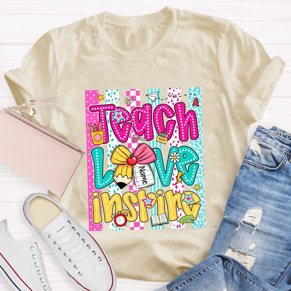 Personalized Name Teach Love Inspire Leopard Striped Teacher T-shirt