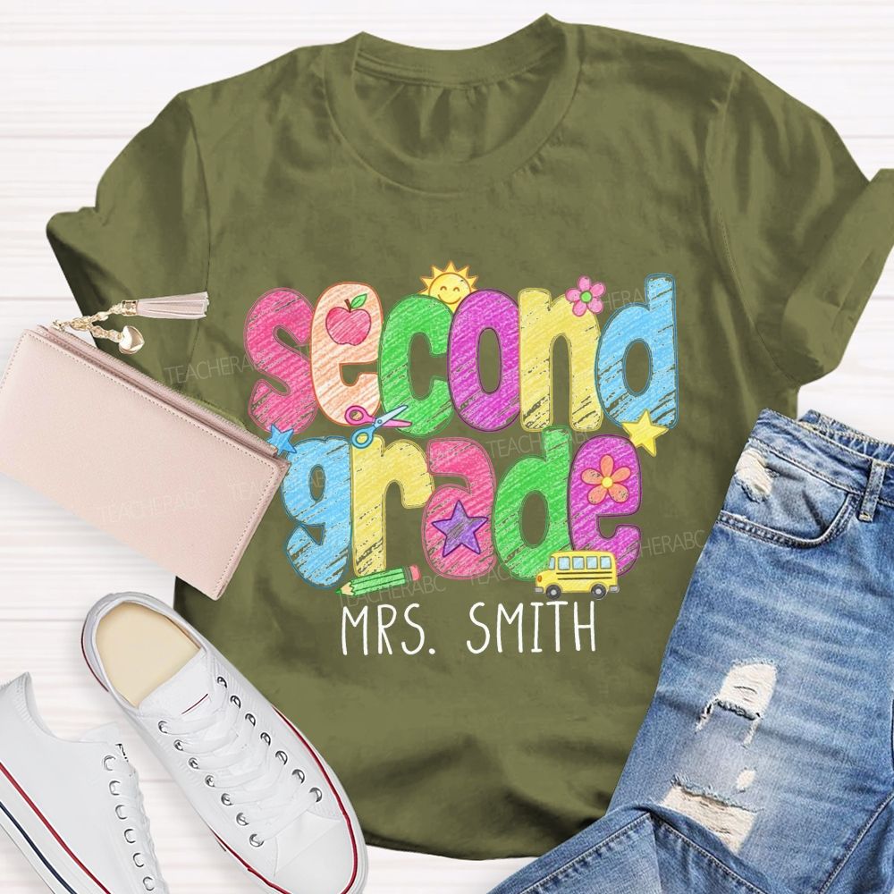 Personalized Name And Grade Crayon Doodle Teacher T-shirt
