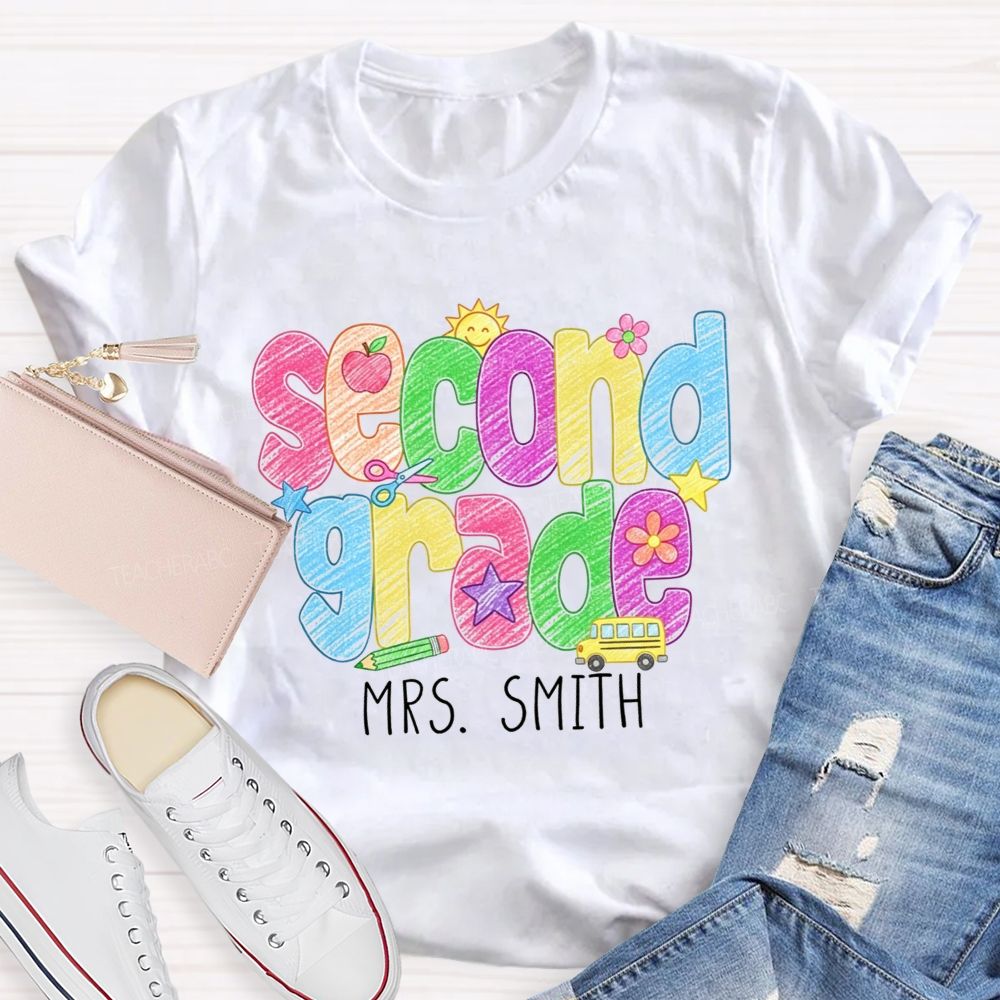 Personalized Name And Grade Crayon Doodle Teacher T-shirt