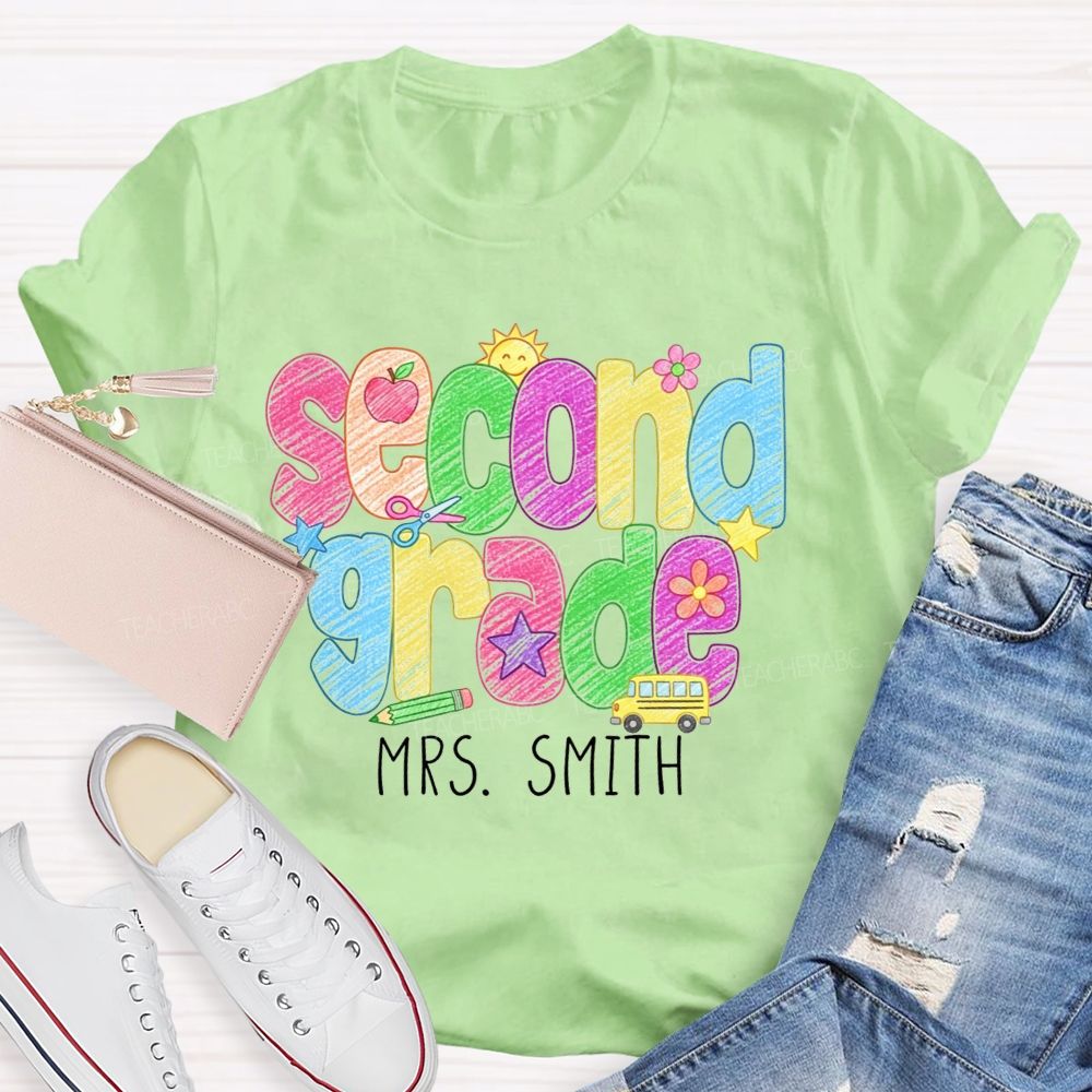 Personalized Name And Grade Crayon Doodle Teacher T-shirt