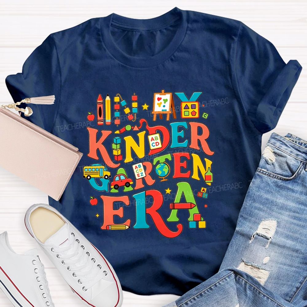 Personalized Grade In My Kindergarten Era Colorful School‑Supply Doodle Teacher T-shirt