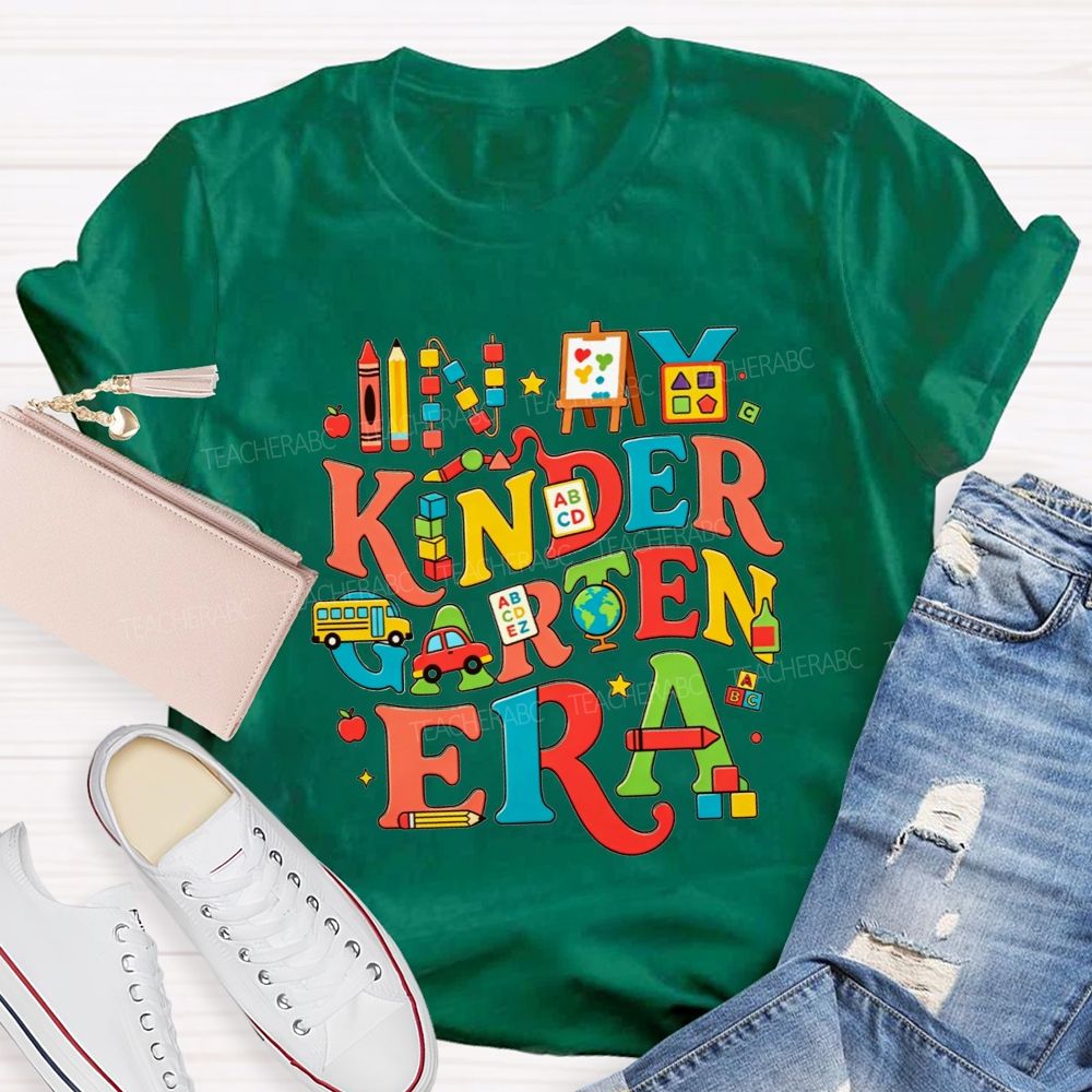 Personalized Grade In My Kindergarten Era Colorful School‑Supply Doodle Teacher T-shirt