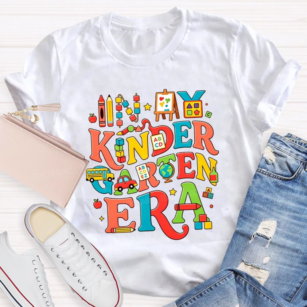 Personalized Grade In My Kindergarten Era Colorful School‑Supply Doodle Teacher T-shirt