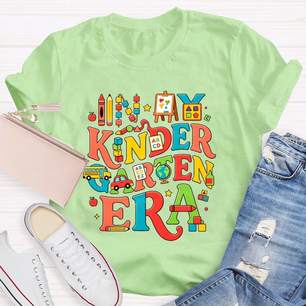Personalized Grade In My Kindergarten Era Colorful School‑Supply Doodle Teacher T-shirt