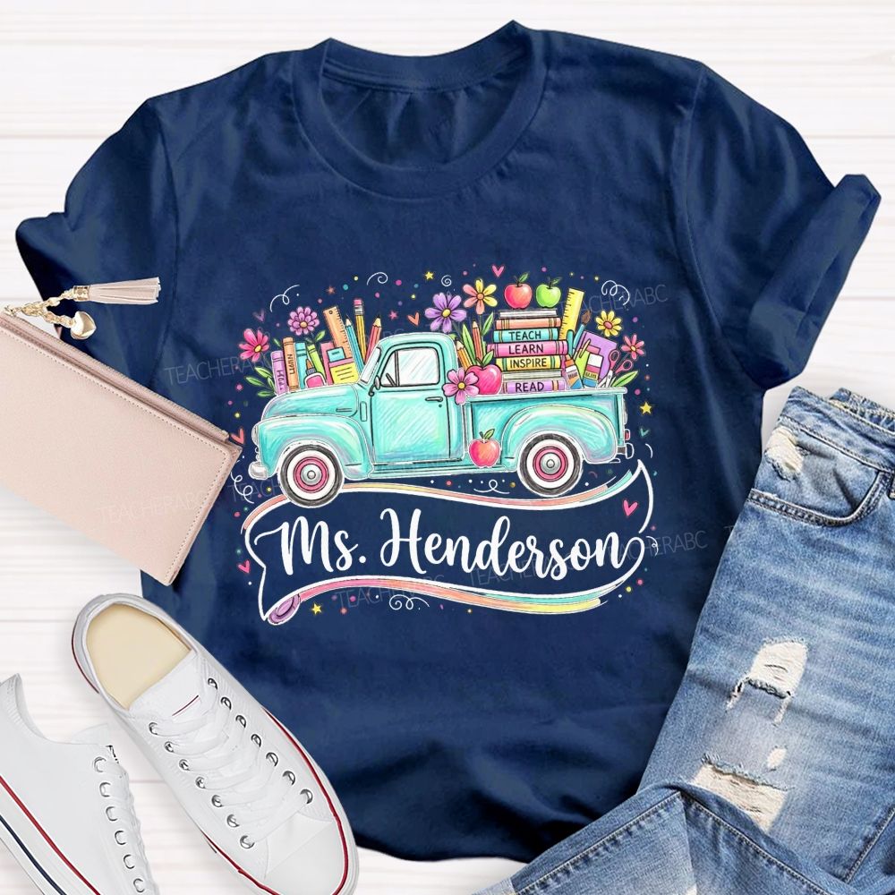Personalized Name Teach Learn Inspire Read Teal Floral School Supply Teacher T-shirt