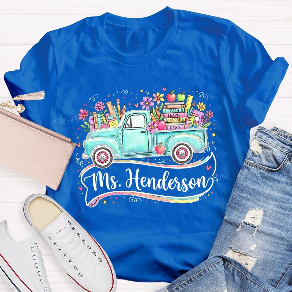 Personalized Name Teach Learn Inspire Read Teal Floral School Supply Teacher T-shirt