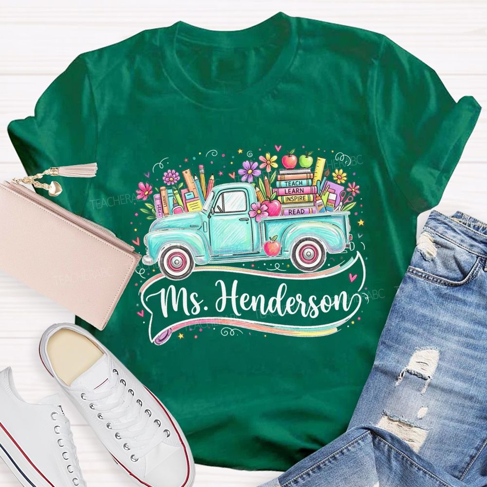 Personalized Name Teach Learn Inspire Read Teal Floral School Supply Teacher T-shirt