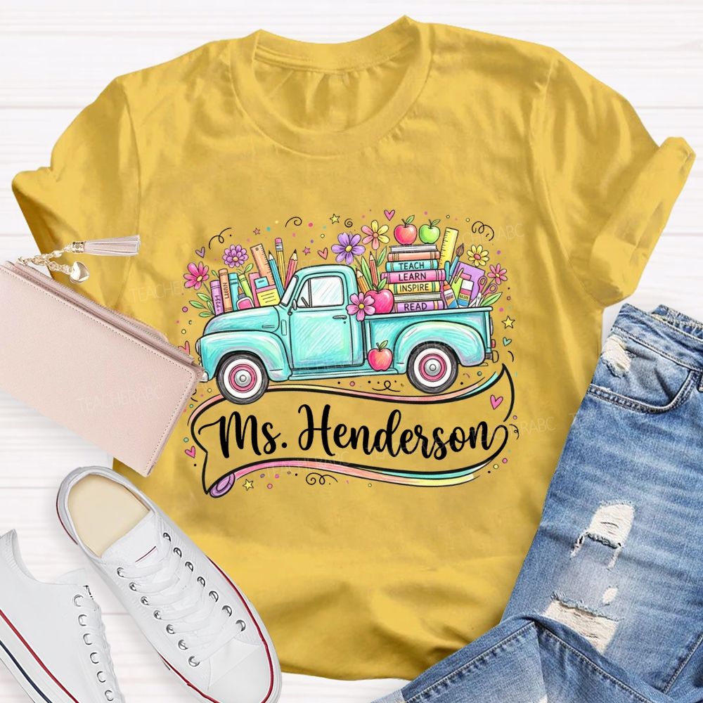 Personalized Name Teach Learn Inspire Read Teal Floral School Supply Teacher T-shirt