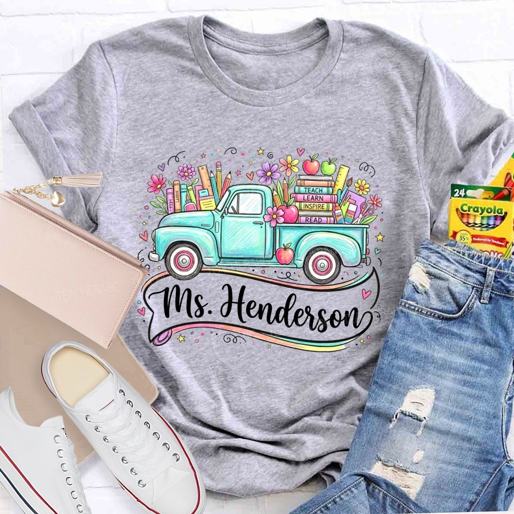 Personalized Name Teach Learn Inspire Read Teal Floral School Supply Teacher T-shirt