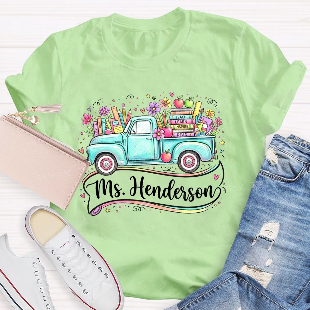 Personalized Name Teach Learn Inspire Read Teal Floral School Supply Teacher T-shirt