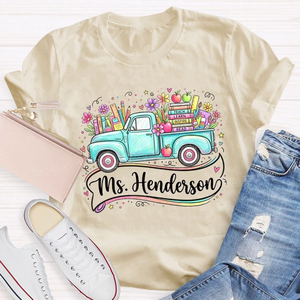 Personalized Name Teach Learn Inspire Read Teal Floral School Supply Teacher T-shirt