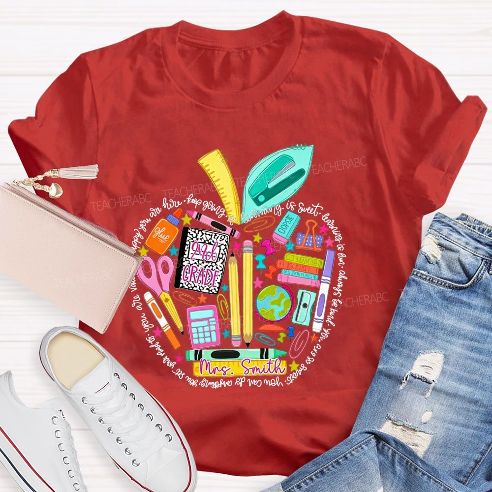 Personalized Name And Grade School Supply Apple Teacher T-shirt