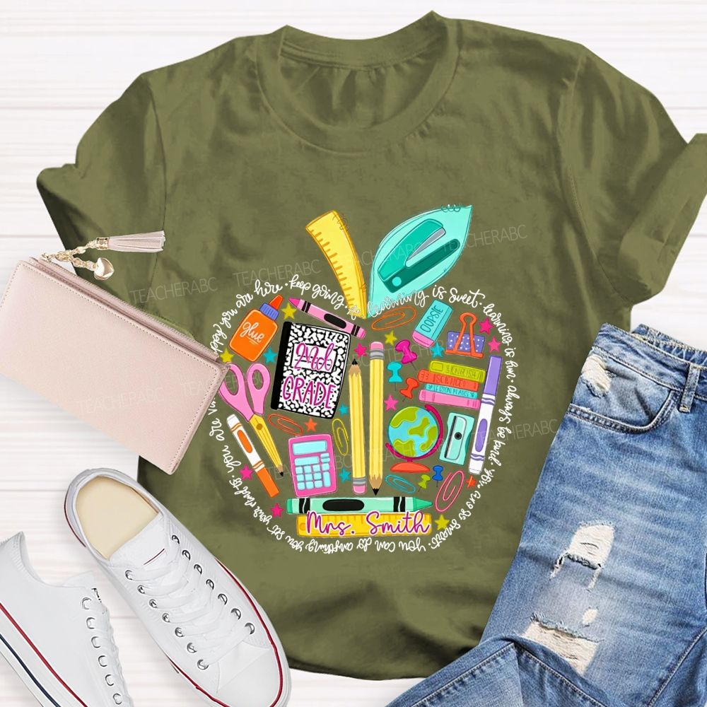 Personalized Name And Grade School Supply Apple Teacher T-shirt