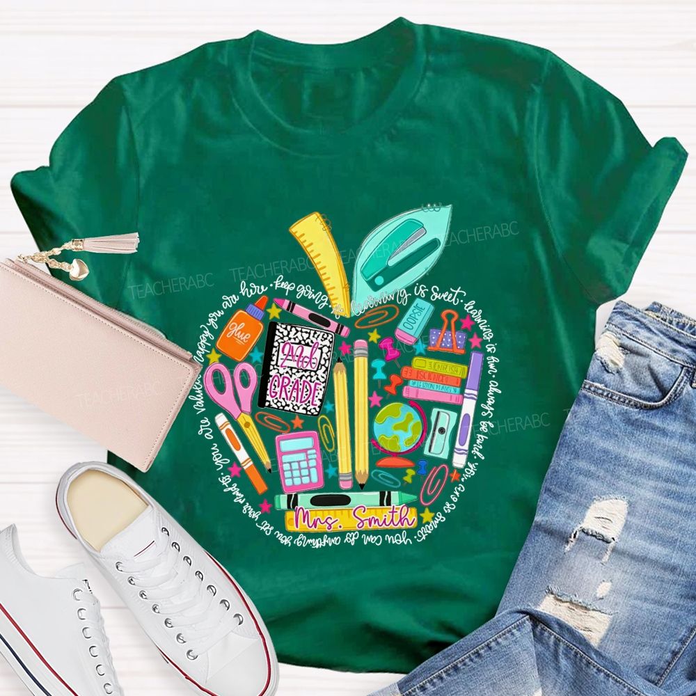 Personalized Name And Grade School Supply Apple Teacher T-shirt