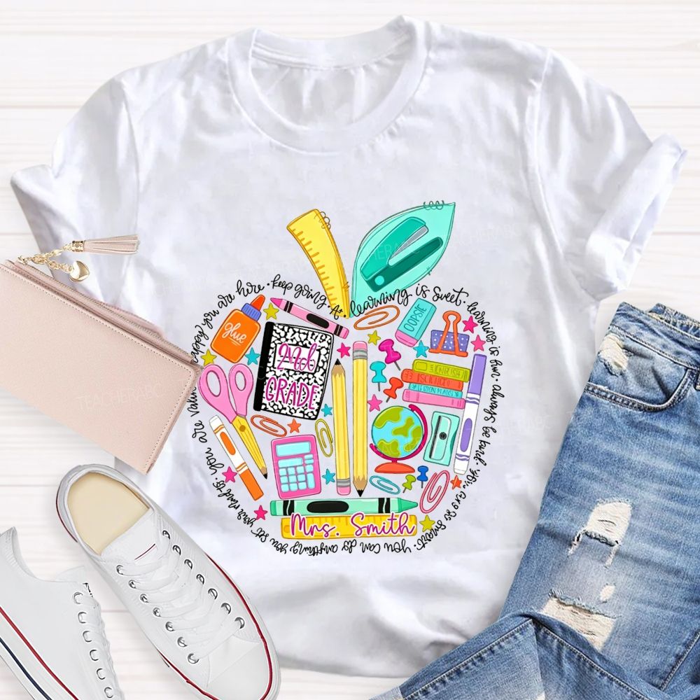 Personalized Name And Grade School Supply Apple Teacher T-shirt